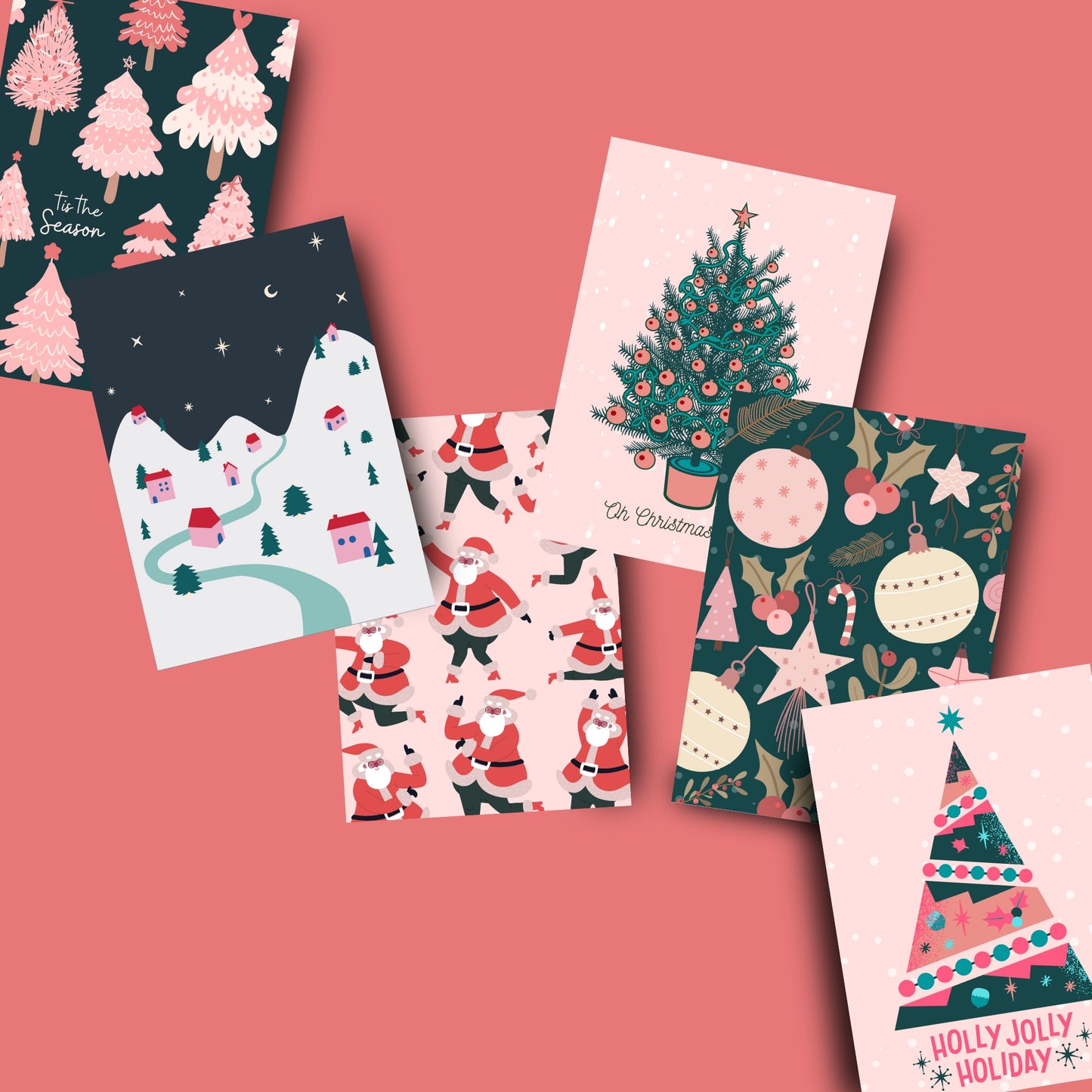6 Pack- Pink Pastel Christmas Cards