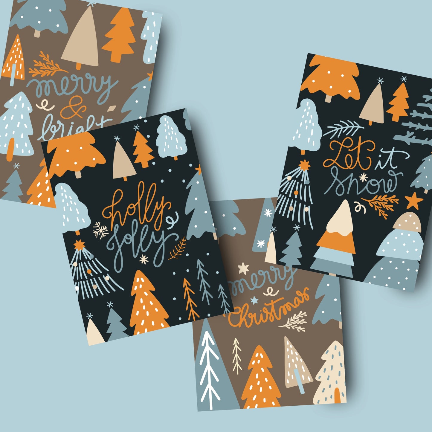 4 Pack- Orange & Teal Christmas Cards