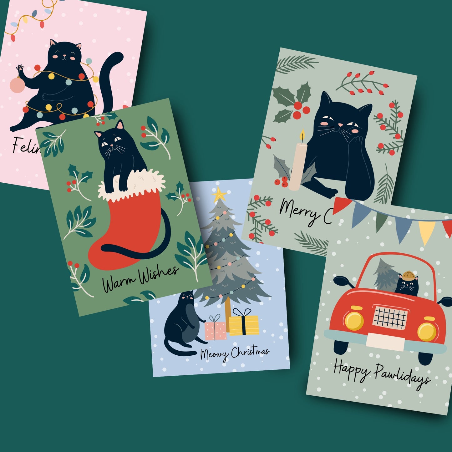 5 Pack- Cat Christmas Cards