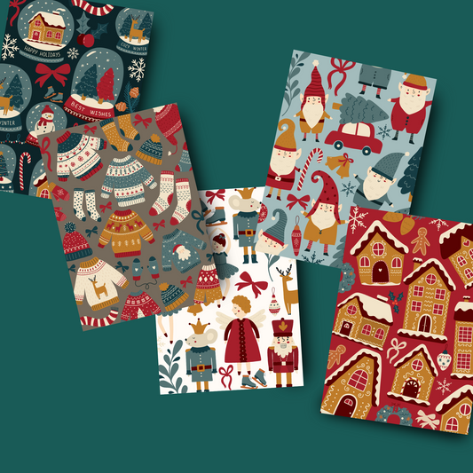 5 Pack- Patterned Christmas Cards