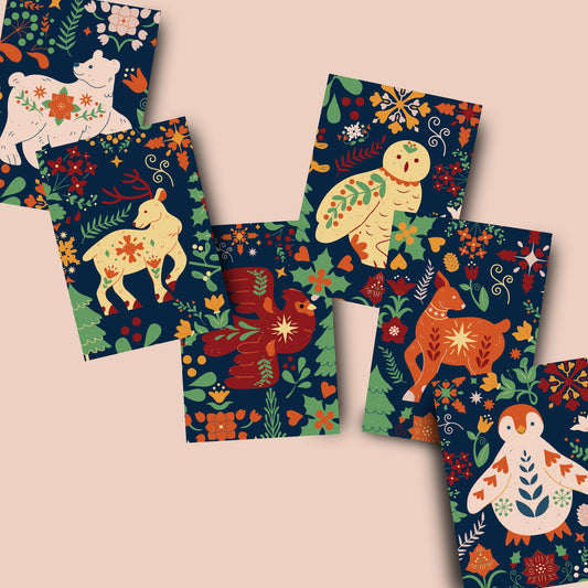 6 Pack- Folk art animal Christmas Cards