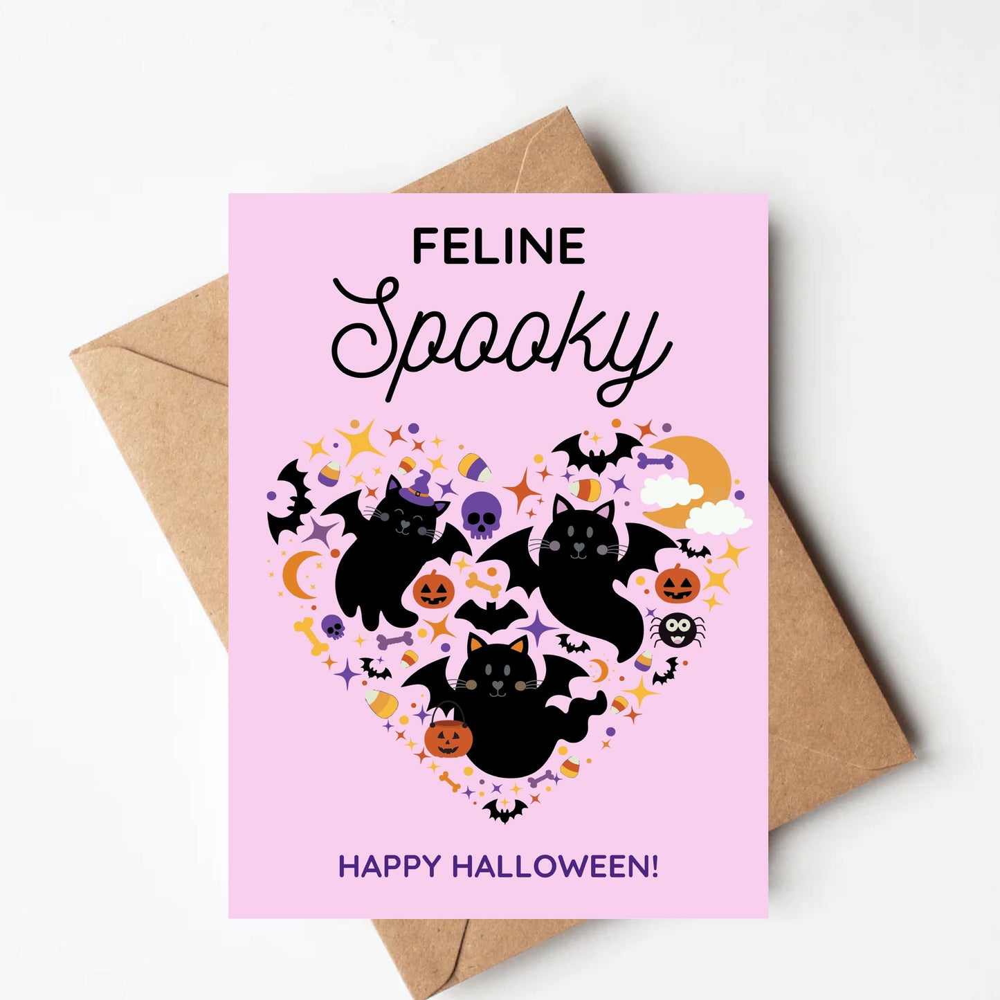 Pink Feline Spooky Halloween Card