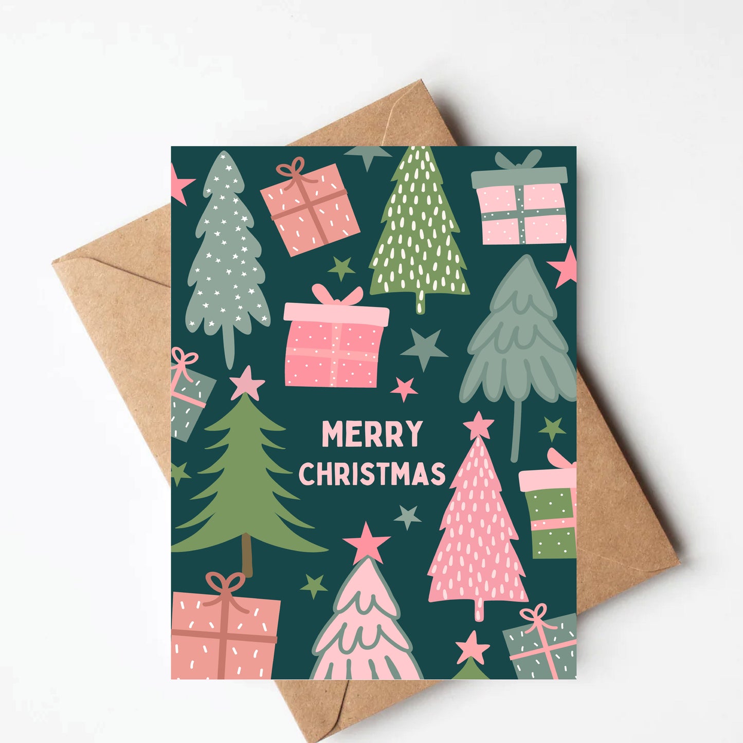 Pink & Teal Trees Christmas Card